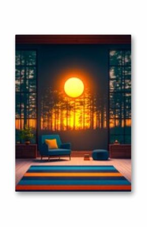 Modern Living Room with Sunset Forest Mural