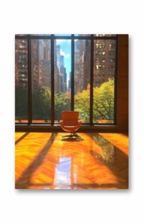 Orange Chair in Modern Office with City View and Sunlight