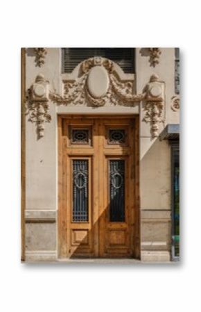 Elegant Wooden Double Doors with Ornate Plasterwork in Valencia, Spain. Architectural Detail, Historic Entrance, Decorative Doorway, Carved Wood, Plaster Decoration, Traditional Architecture