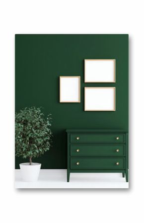 Elegant green room setting with a chest of drawers, framed artwork, and a potted plant, creating a stylish and serene interior decor.