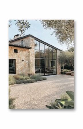A contemporary stone structure is encircled by lush olive trees and features a gravel driveway, all situated in a peaceful outdoor environment that basks in the warmth of the daylight