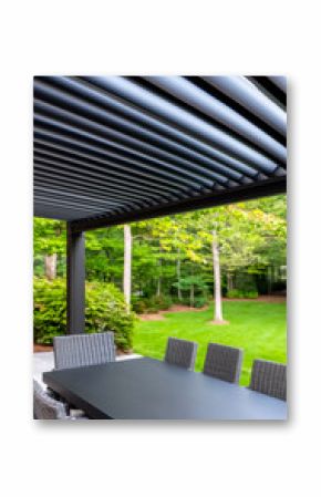 Pergola-covered outdoor dining. A sleek outdoor dining space features a spacious table and an inviting pergola surrounded by lush greenery.