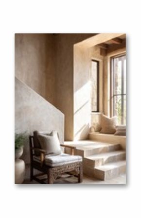 rustic italian eclectic living room full view, sandy smoke wall, stone platform with carved wood chair, soft backlit edge glow, warm shadowed tone