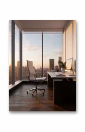 Executive office interior with desk and chair overlooking cityscape at sunset high angle shot