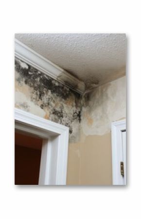 Mold growth on ceiling and walls of interior room showing water damage and neglect in residential building close up shot