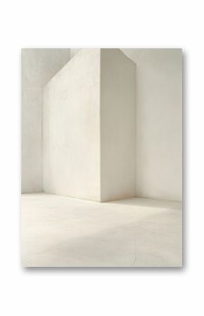 Minimalist interior corner featuring textured white walls and floor in a bright room with natural light from low angle
