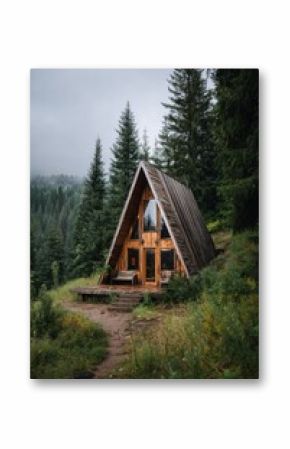 Charming Wooden Cabin Nestled in Lush Mountains During Early Morning Fog