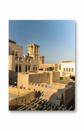 vertical view of old city of Dubai, Dubai Al Fahidi historical neighborhood, Al Bastakiya, Al seef Dubai