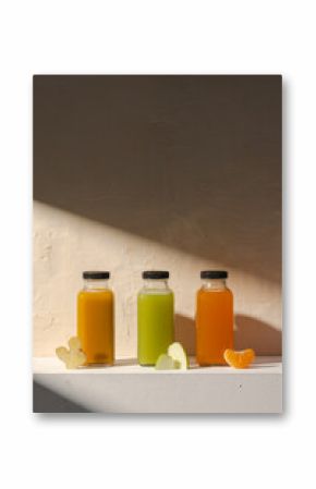 Three bottles of vibrant juice alongside fruit pieces