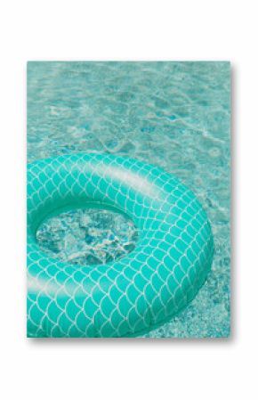 Teal mermaid-print float drifting in clear pool water
