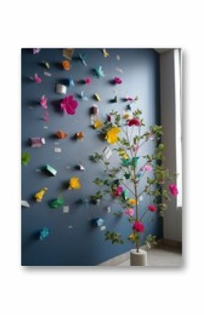 Colorful paper flowers and decorations adorn a blue wall in a bright indoor space with a green plant