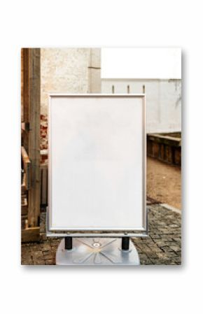 blank advertising stand near entrance to museum