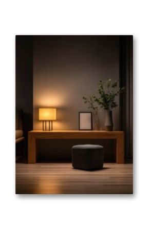 Interior view of living room with decor and a warm bedside lamp