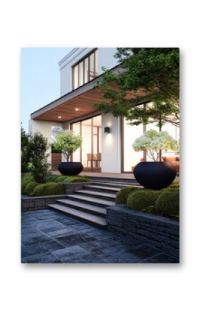 Modern minimalist courtyard with stone steps, lush green plants, large black planters, and warm lighting creates peaceful outdoor ambiance