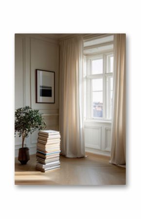 Stack of books on wooden floor beside potted plant in bright living room with large window and white curtains, peaceful atmosphere