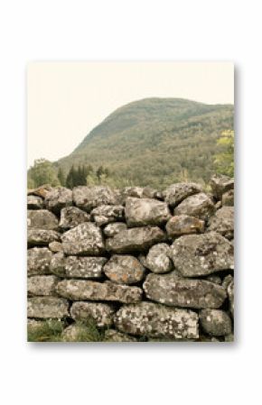 Lichen covered rocks are stacked to form a wall along hillside