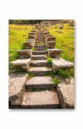 Stone stairs leading up a green hill to the ruins of an ancient greek city in Turkey