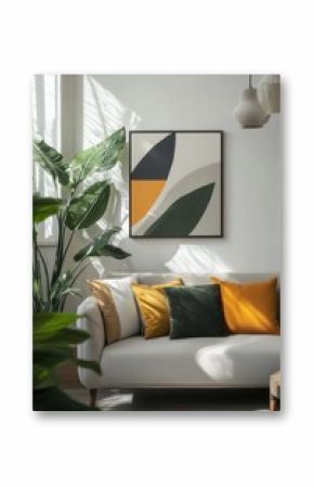 Stylish modern living room interior with colorful abstract painting on the wall. Cozy living room arrangement in bold colors.