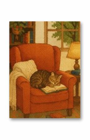Cozy cat reading nook illustration.