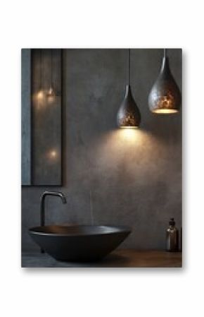 Elegant lighting illuminates a modern black bathroom sink against a textured gray concrete wall