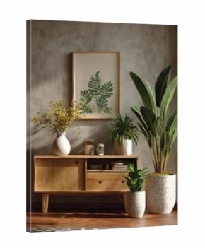 This is an interior shot featuring a modern home decor setup with green plants. 