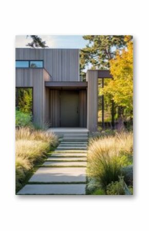 The entrance features a sleek, modern architectural design complemented by a beautifully landscaped pathway that guides visitors to the front door, all set against a peaceful outdoor backdrop.