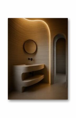 Innovative modern bathroom interior with 3d concrete printing design and ambient lighting