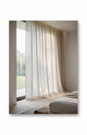 Gentle sunlight streams through flowing sheer curtains illuminating a minimalistic bedroom with calming neutral tones and a peaceful atmosphere creating a sense of tranquility.
