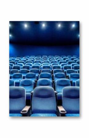 Classic Movie Theater Auditorium Interior with Unoccupied Stage and Row Seats in Blue Tones