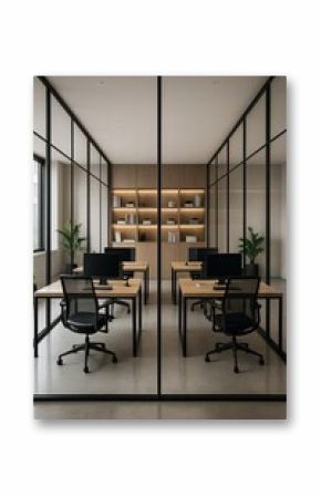 Modern minimalist office interior with wooden desks, black mesh chairs, computers, glass partitions, and built-in shelving, creating a clean and professional workspace environment  