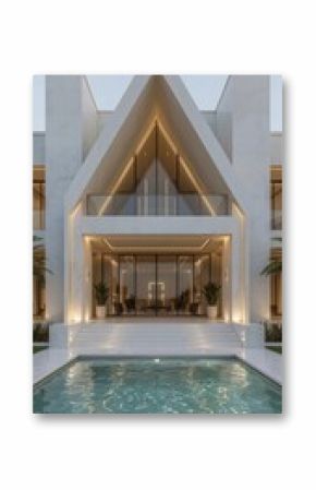 Sunset over sleek architectural villa with clean lines and serene backyard pool  