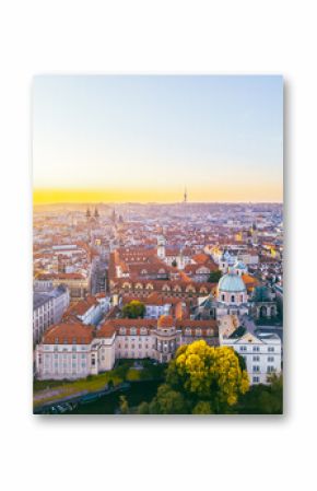 A breathtaking aerial perspective of Old Town Prague during sunrise showcases the vibrant rooftops and historic architecture.