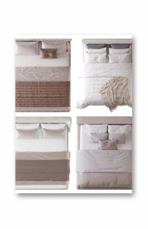 Top view double bed with headboard, blanket and pillows, 3d rendering
