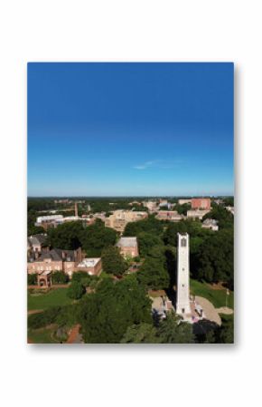 Aerial view of the NC State bell tower and campus in Raleigh, North Carolina
