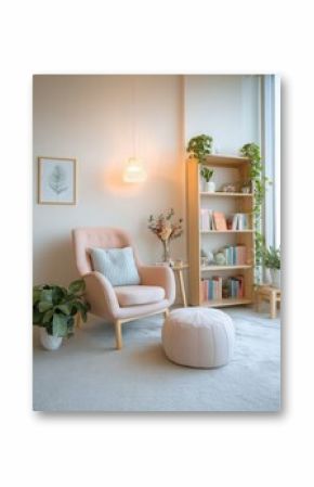 a beautifully designed modern mental health therapy room, soft natural lighting, cozy seating, calming pastel tones, indoor plants, bookshelf with mindfulness books