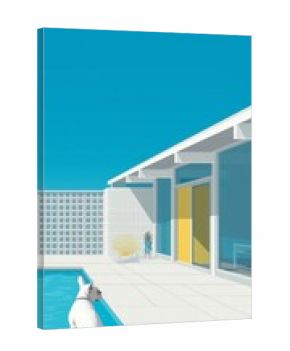Casa mid-century con piscina y palmeras en Palm Springs, ilustración minimalista con perro, cuadro decoración aesthetic minimalista, Cuadro estilo memphis 