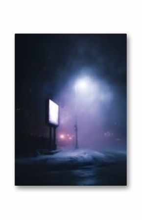 Mysterious night scene with a billboard under the glow of a streetlight