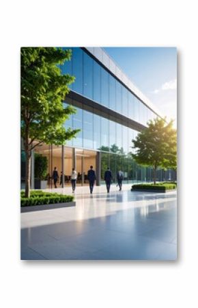 modern office building with glass facade, trees in front