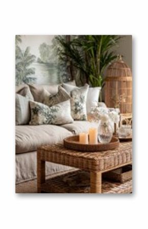 Serene coastal living room with woven rattan coffee table, soft neutral sofa, botanical throw pillows, and tropical palm leaf wallpaper creating a tranquil, nature-inspired interior design sanctuary