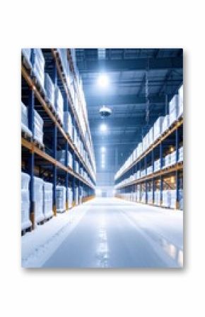 Snowy Warehouse with Giant Shelves and Soft Ambient Glow