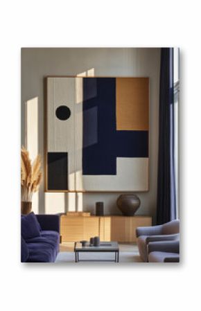 A modern and elegant space with abstract art and sophisticated furniture. Perfect for interior design, decor, and lifestyle.