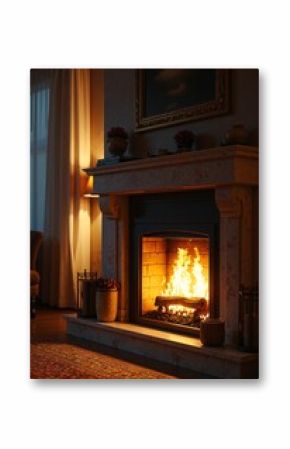 A closeup shot of a lit fireplace in a cozy living room