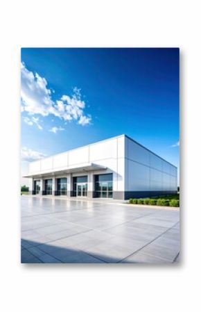 Modern supermarket building exterior against blue sky. Inviting facade
