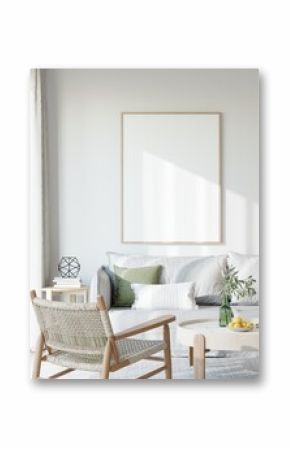 Minimalist Living Room Interior with White Sofa and Poster Frame Mockup 