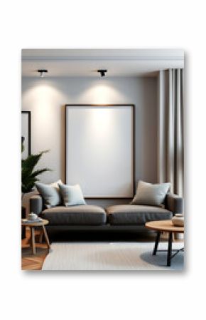 Blank mock up poster frames in modern interior background living room Scandinavian style 3D render 3