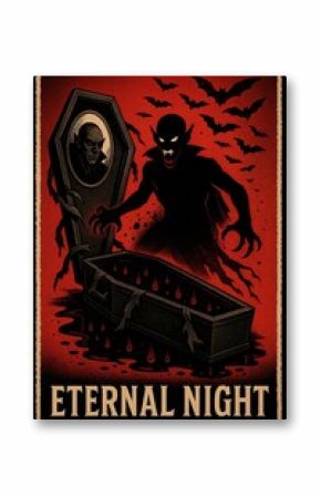 Dark figure emerging from coffin in eerie night with bats flying above