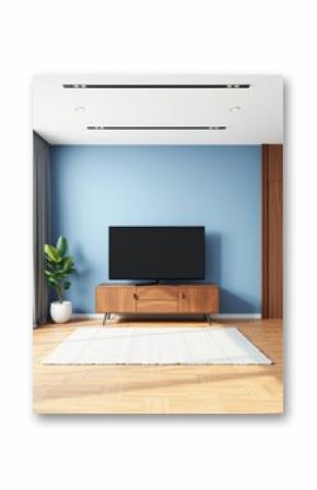 3d rendering of a mock-up black tv on a cabinet in a modern interior design room with a blue wall and wooden floor empty space for an advertising product banner Empty room interior design Ultra rea