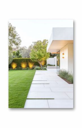 Modern landscape design featuring a neatly manicured lawn and stylish home exterior in evening light setting