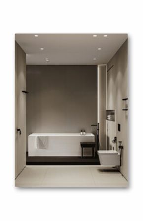 Modern bathroom interior, modern bathroom cabinet, white double sink and bathtub, wooden floor, bathroom accessories and shower, 3D render