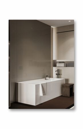 Modern bathroom interior, modern bathroom cabinet, white double sink and bathtub, wooden floor, bathroom accessories and shower, 3D render